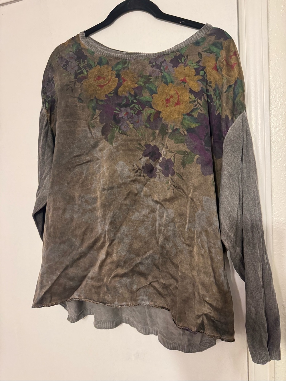 Johnny Was Gray Floral Long Sleeve Pullover with Yellow & Purple Flowers